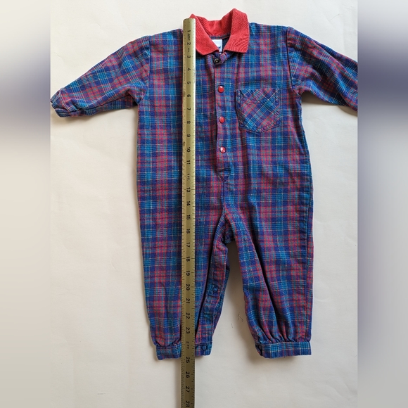 Vintage OshKosh USA Romper Overalls Blue Red Plaid Size 18 Months Made in USA - Picture 9 of 11